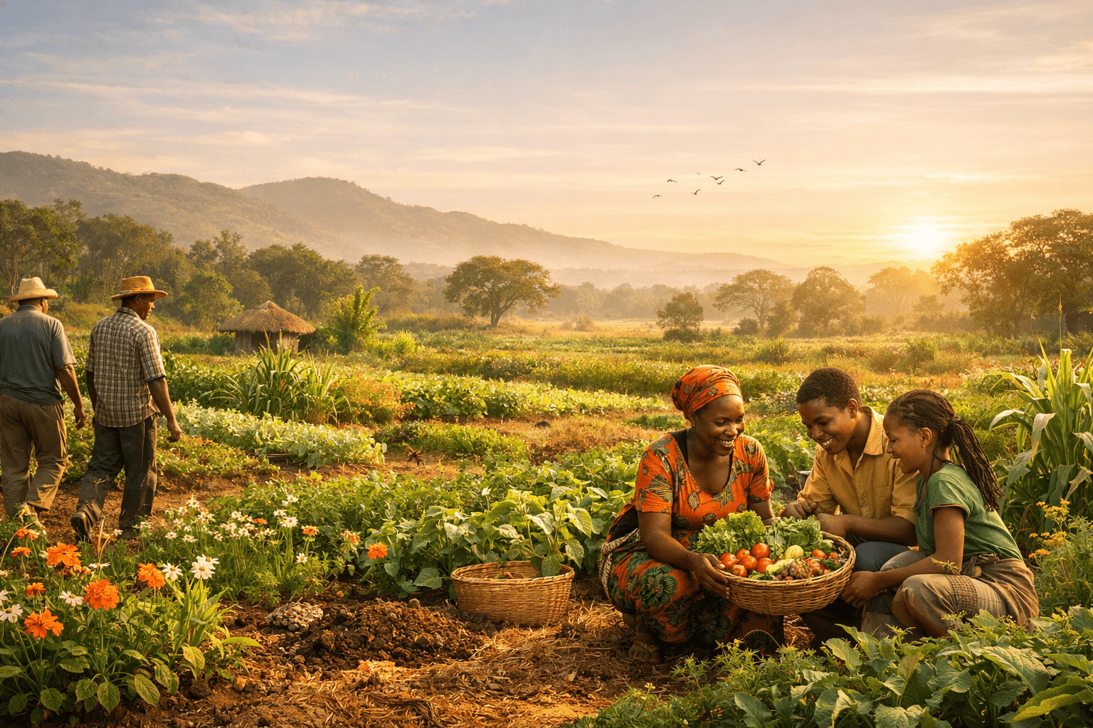 Zambian family harvesting vegetables together